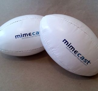 Pad printed mini rugby balls for Mimecast