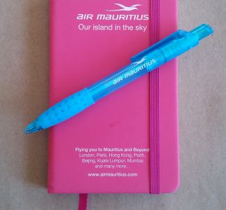 Pad printed pen and notebook for Air Mauritius